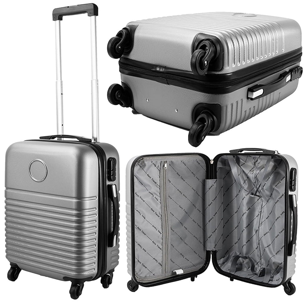 Silver Lightweight Travel Cabin Suitcase With Wheels & Handle