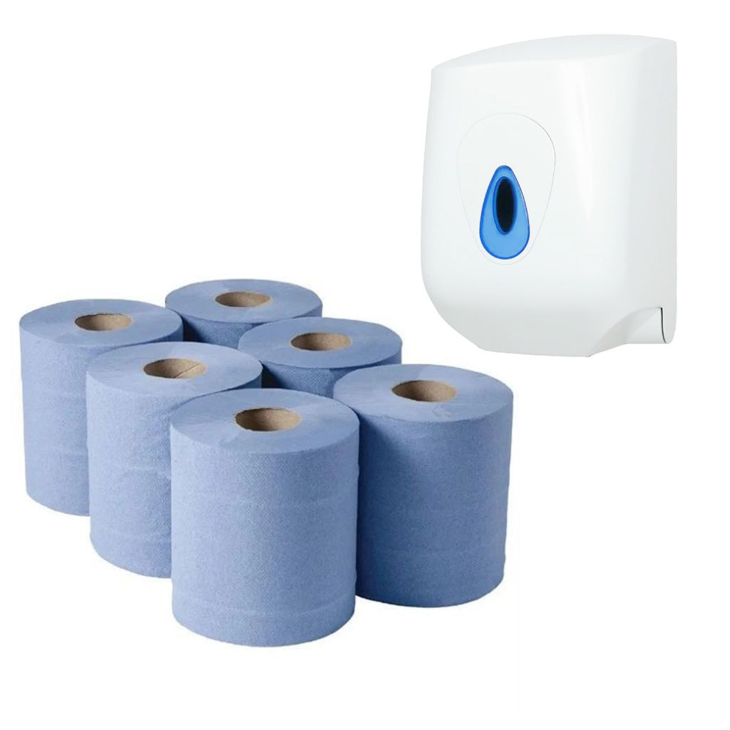 6 Blue Centrefeed Rolls & Dispenser