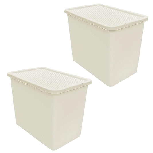 80L Cream Rattan Effect Large Plastic Stackable Storage Containers With Lids