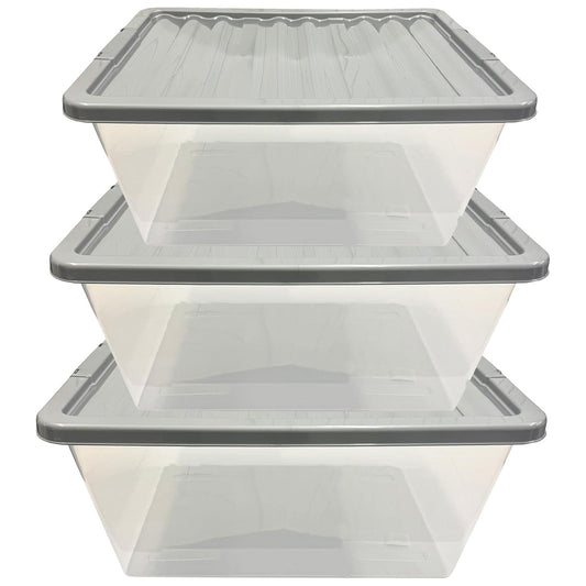 Pack of 5 Large 62 Litre Plastic Storage Boxes Complete With Silver Lids
