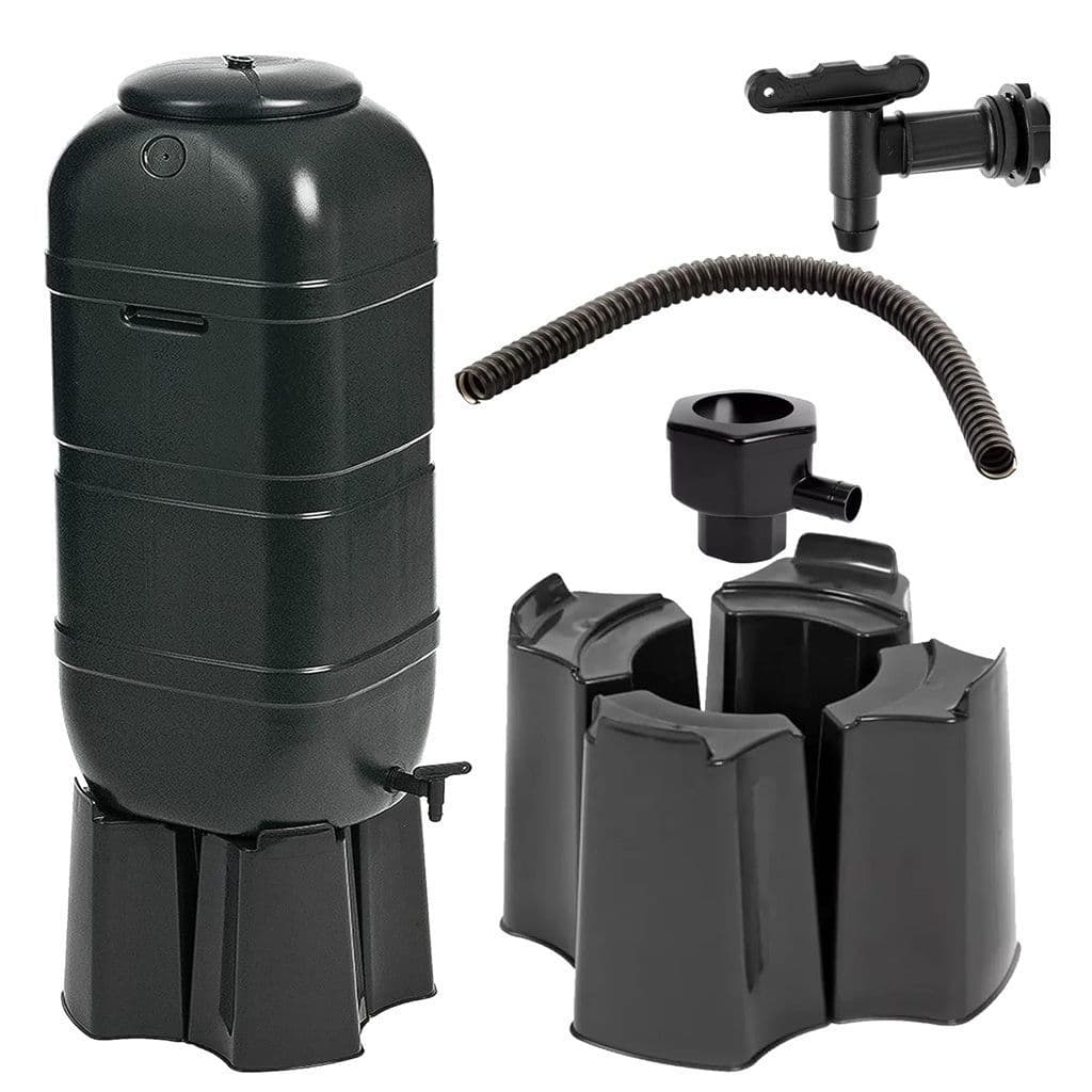 100L Black Slimline Space Saver Water Butts Complete with Stand Lid & Diverter