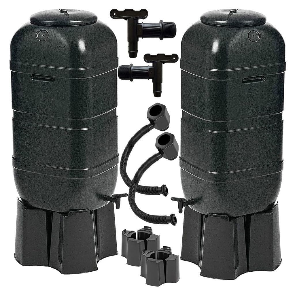 100L Black Slimline Space Saver Water Butts Complete with Stand Lid & Diverter