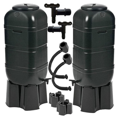 100L Black Slimline Space Saver Water Butts Complete with Stand Lid & Diverter
