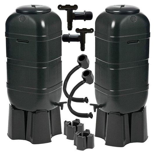 100L Black Slimline Space Saver Water Butts Complete with Stand Lid & Diverter