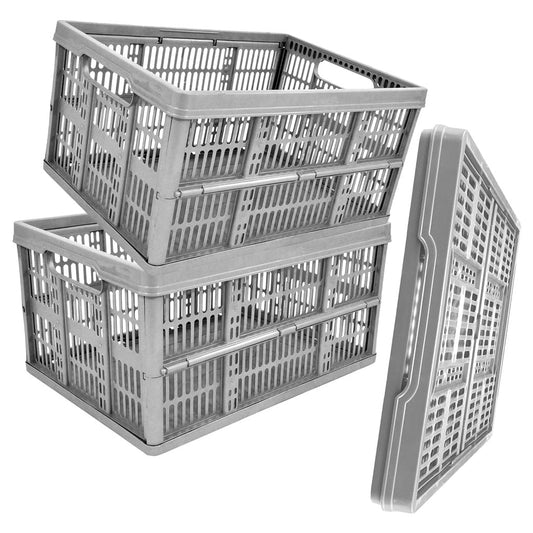 Grey 32L Plastic Folding Crate Boxes With Handles Collapsible, Foldable & Stackable