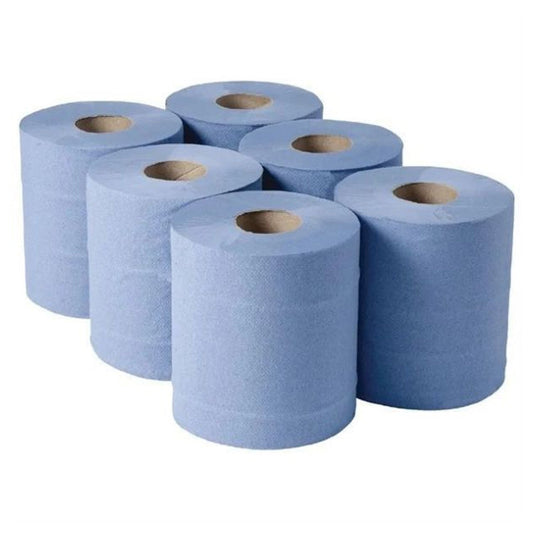 Pack Of 6 Highly Absorbent Blue Embossed 2ply Centre Feed Paper Rolls