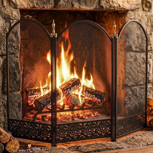 Heavy Duty Steel 3-Panel Fire Screen - Folding Fireplace Spark Guard Barrier