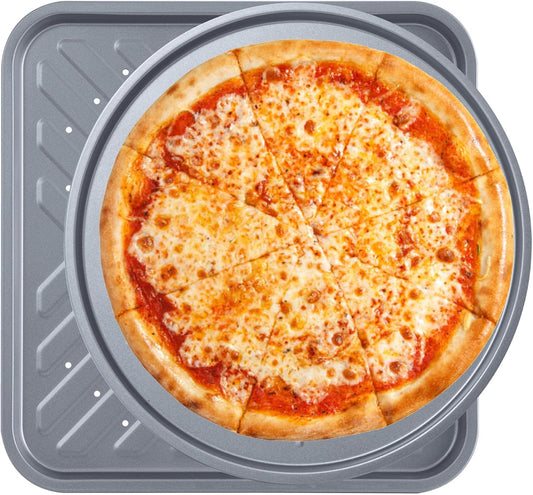 Pizza Tin & Crisper Tray Set Large 13 Inch (33cm) 12" Pizzas Non Stick Coating Oven Round Baking Tin for Oven