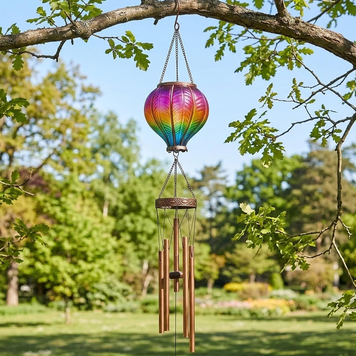 Solar Powered 104cm Rainbow Flame Hot Air Balloon Wind Chime Garden Light