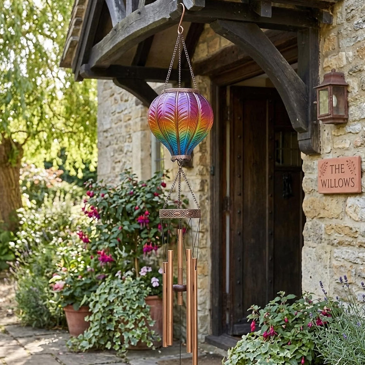 Solar Powered 104cm Rainbow Flame Hot Air Balloon Wind Chime Garden Light