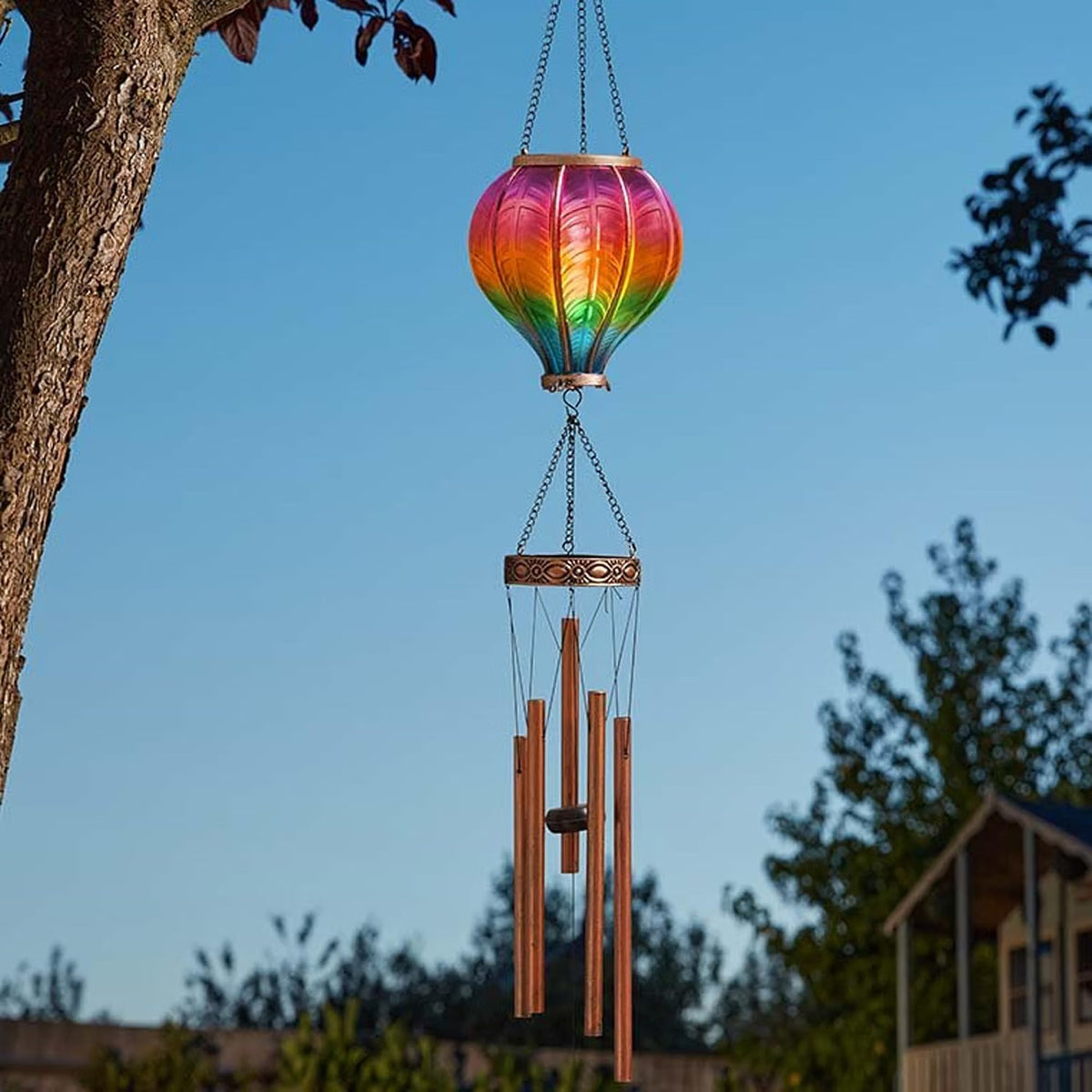 Solar Powered 104cm Rainbow Flame Hot Air Balloon Wind Chime Garden Light