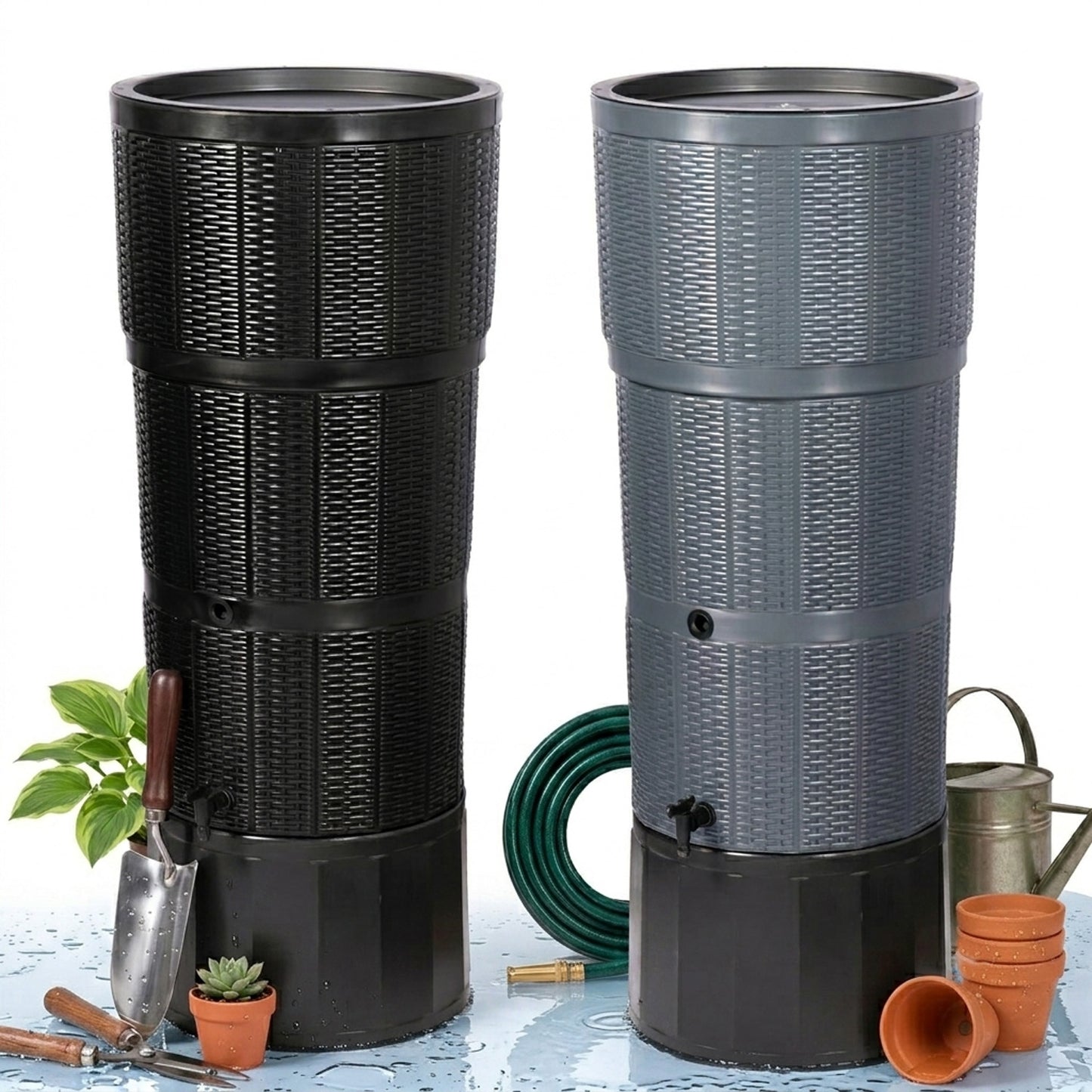 XL 150L Rattan Wicker Effect Water Butts With Stand, Tap, Rain Diverter & Lid