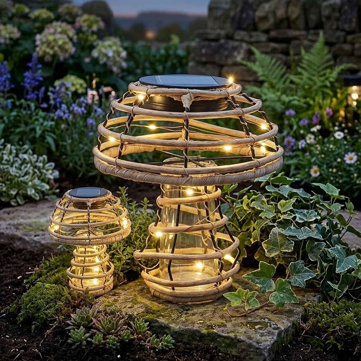 Rattan Solar Mushroom Outdoor Light - Warm White Decorative Patio Ornament