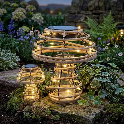 Rattan Solar Mushroom Outdoor Light - Warm White Decorative Patio Ornament
