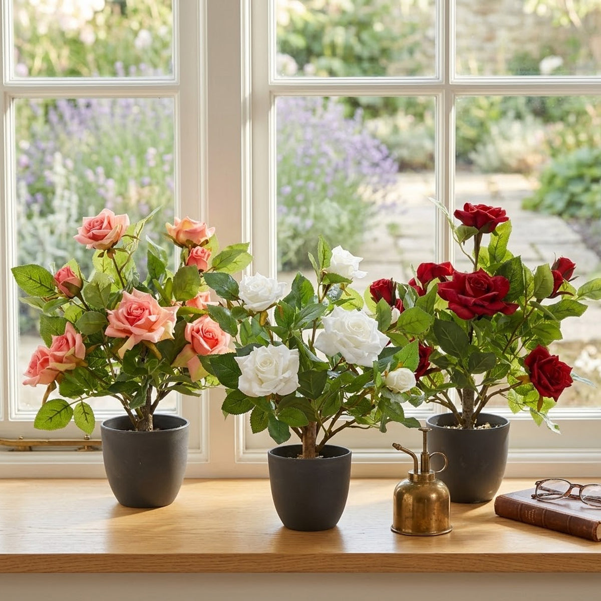 Regents 40cm Potted Artificial Roses in Ruby Red, Perfect Pink & Pure White