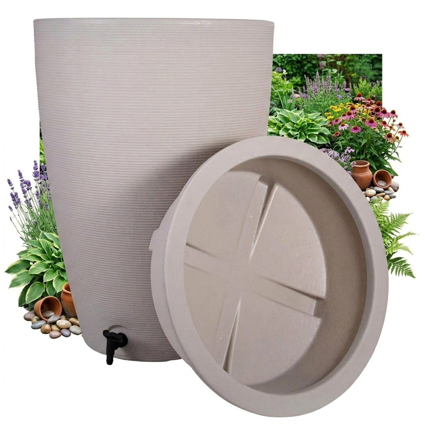 120L Amesbury Stone & Ash Garden Rain Water Collectors With Tap & Lid