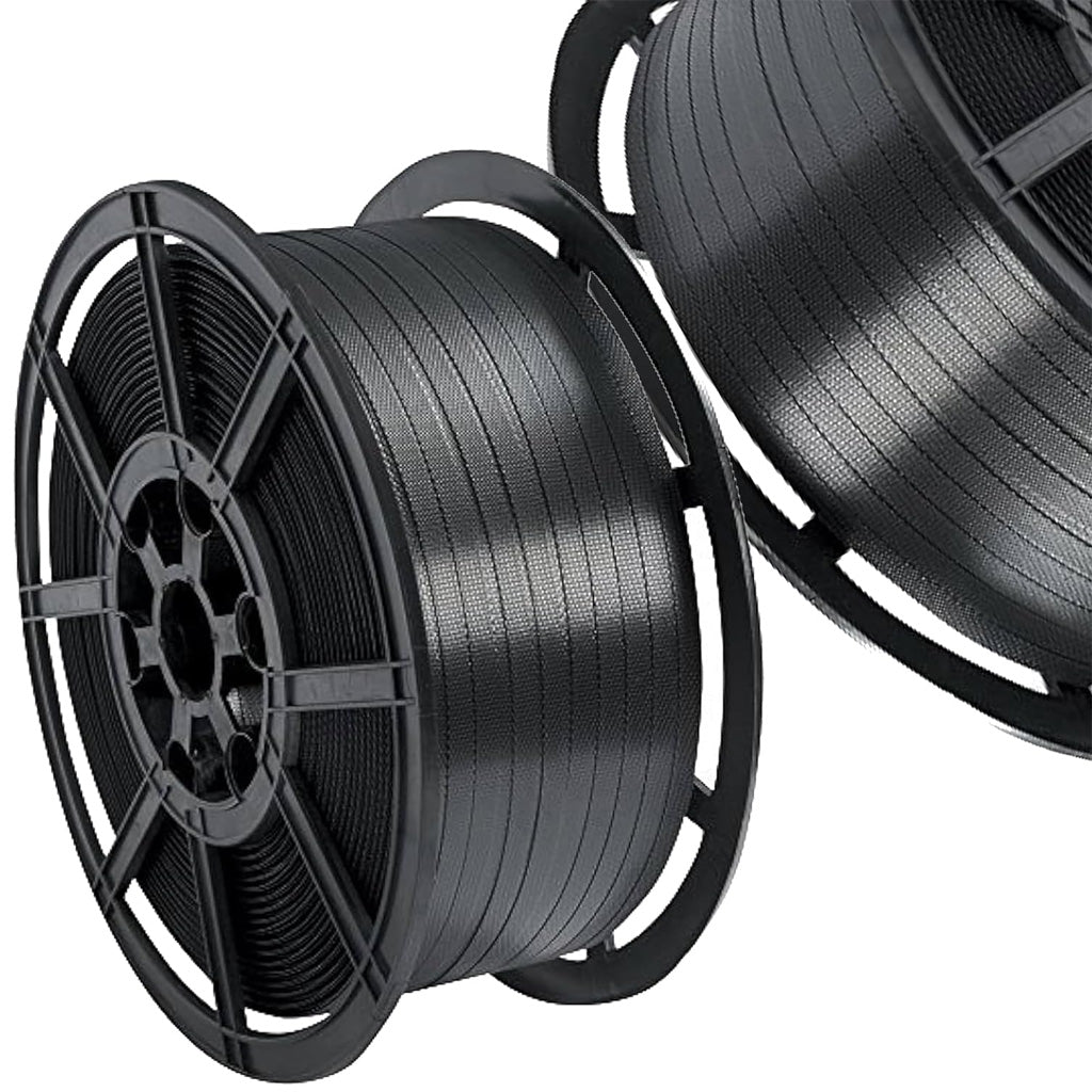 Black Pallet Strapping 12mm Wide 1000 Metres Per Coil 310kg Brake/Strength